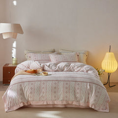 Cottage Braided Button Velvet Bedding Set - Pink