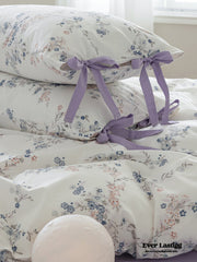 Cottage Ribbon Bow Tie Floral Bedding Set - Purple