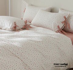Cottage Ribbon Bow Tie Floral Bedding Set - Rust Pink