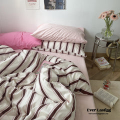 Cozy Washed Cotton Striped Bedding Set - Pink