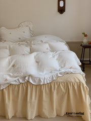 Double Layer Ribbon Tie White Ruffle Bedding Set