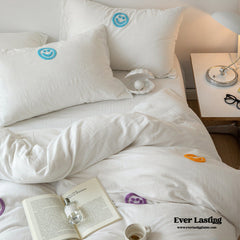 Double Layered Embroidered White Bedding Set - Happy Face