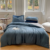 DUO Reversible Pastel Silky Tencel Bedding Set - Dark Blue