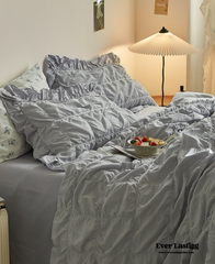 Earth Tone Marshmallow Puff Ruffle Bedding Set - Silver Blue