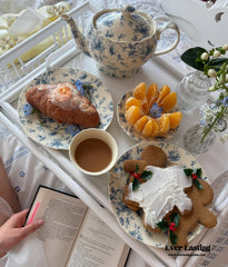 Embroidered French Lace Ruffle Bedding Set - Blue