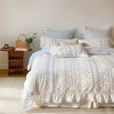 Embroidered French Lace Ruffle Bedding Set - Blue