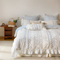 Embroidered French Lace Ruffle Bedding Set - Blue