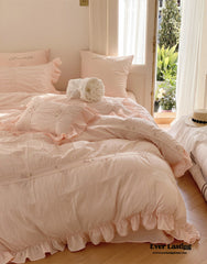 Embroidered Lace Ruffle Bedding Set - Pink