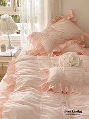 Embroidered Lace Ruffle Bedding Set - Pink