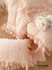 Embroidered Lace Ruffle Bedding Set - Pink