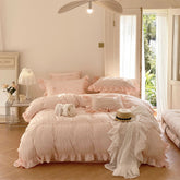 Embroidered Lace Ruffle Bedding Set - Pink