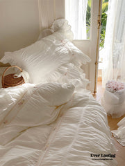 Embroidered Lace Ruffle Bedding Set - White