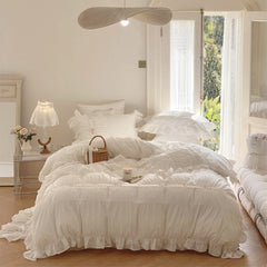Embroidered Lace Ruffle Bedding Set - White
