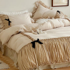 French Beige Ribbon Ruffle Bedding Set