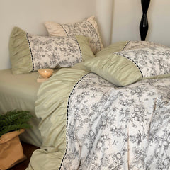 French Black Lace Bedding Set - Matcha Green