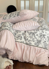 French Black Lace Bedding Set - Pink