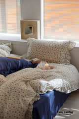 French Floral Earth Tone Double Layer Ruffle Bedding Set - Beige + Blue