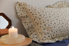 French Floral Earth Tone Double Layer Ruffle Bedding Set - Beige + Blue