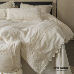 French Linen Cotton Embroidered Floral Bedding Set - White