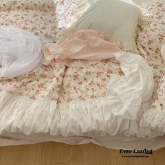French Rose Floral Ruffle Bedding Set - White
