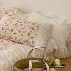 French Rose Floral Ruffle Bedding Set - White