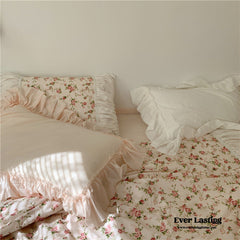 French Rose Floral Ruffle Bedding Set - White