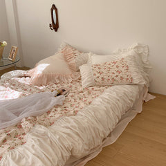 French Rose Floral Ruffle Bedding Set - White