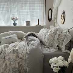 French Ruffle Floral Bedding Set - Gray