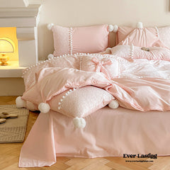 French Sweet Lace Plush Ball Bedding Set - Pink
