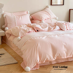 French Sweet Lace Plush Ball Bedding Set - Pink