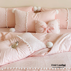 French Sweet Lace Plush Ball Bedding Set - Pink