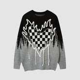 Suéter con estampado de corazón y cuadros de llamas