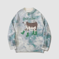 Strickpullover mit Stiefeln und Kuhmuster