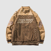 Wildleder-Rennjacke mit Schachbrett-Patchwork