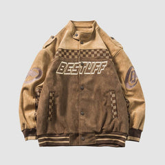 Wildleder-Rennjacke mit Schachbrett-Patchwork