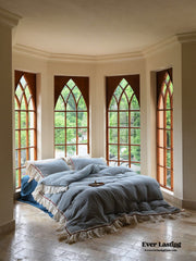 Gingham Floral Ruffle Bedding Set - Blue White