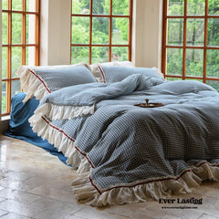 Gingham Floral Ruffle Bedding Set - Blue White