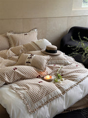 Heiress Gingham Bow Embroidered Bedding Set - Beige