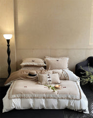 Heiress Gingham Bow Embroidered Bedding Set - Beige