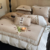 Heiress Gingham Bow Embroidered Bedding Set - Beige