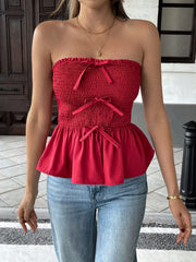 Ruffled bow slimming red top
