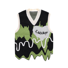 Color Block Letter Loose V-Neck Vest