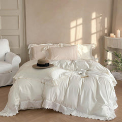 Isabelle Silky Cottage Ruffled Bedding Set - White