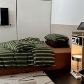 Jersey Knit Retro Stripe Bedding Set - Green + Brown