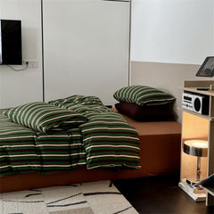 Jersey Knit Retro Stripe Bedding Set - Green + Brown