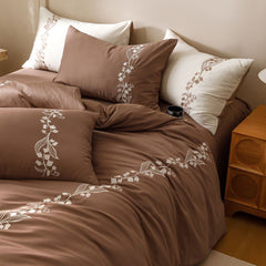 Lily of the Valley Embroidered Silky Bedding Set - Brown
