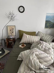 Minimal Vintage Stripe Bedding Set - Olive Green