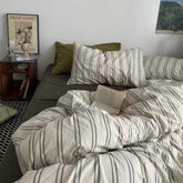 Minimal Vintage Stripe Bedding Set - Olive Green