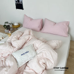 Mixed Color Washed Cotton Bedding Set - Baby Pink + White
