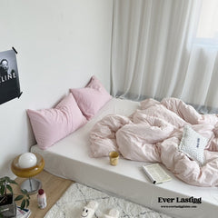 Mixed Color Washed Cotton Bedding Set - Baby Pink + White
